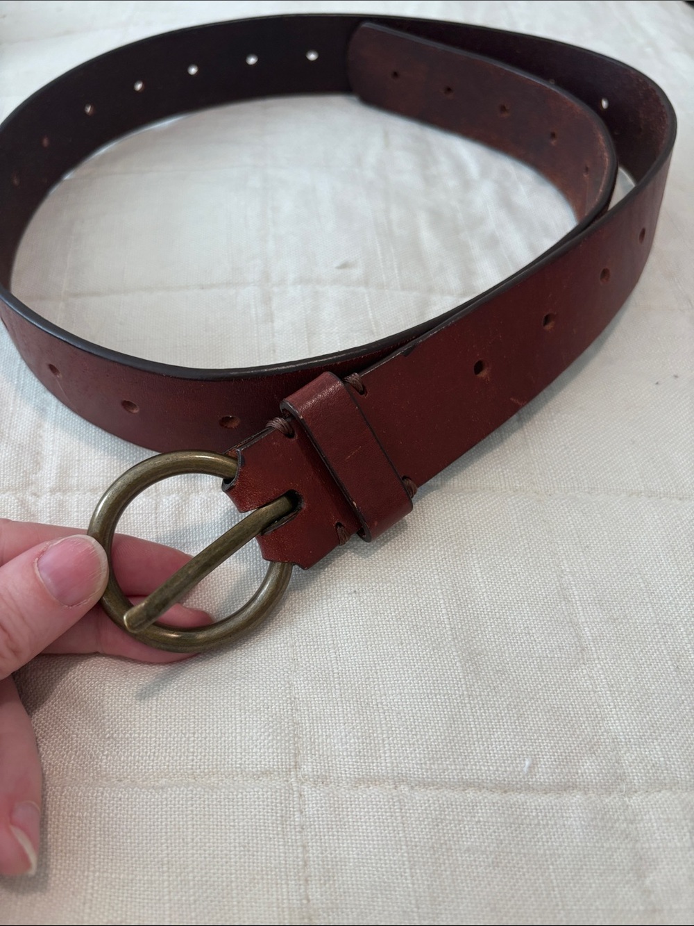 Brown Leather Belt with Antique Brass Round Buckle